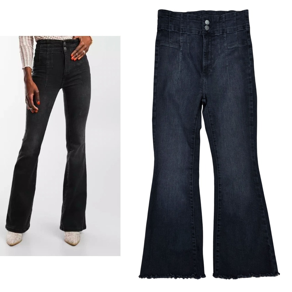 Free People Jeans Womens 30 Jayde Flare Black Denim Raw Hem Ultra High Rise 70s